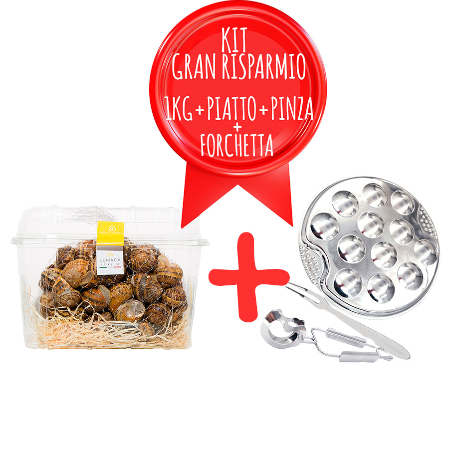 KIT GRANDES ÉCONOMIES 1KG ESCARGOT + PLAQUE ESCARGOT + PINCE ESCARGOT + FOURCHETTE ESCARGOT